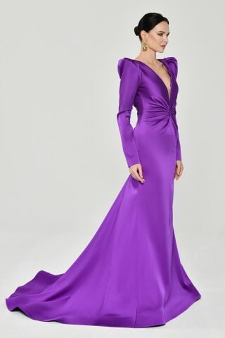 Uzun Kollu Vatkalı Önü Büzgülü Saten Uzun Elbise Mor - 44