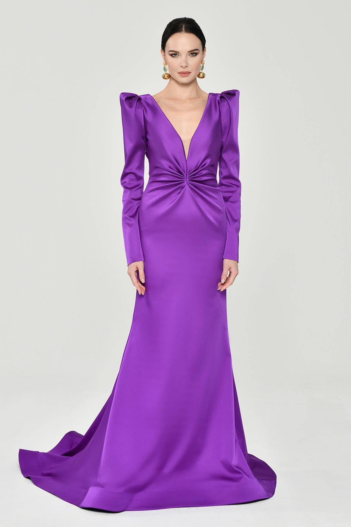 Uzun Kollu Vatkalı Önü Büzgülü Saten Uzun Elbise Mor - 44