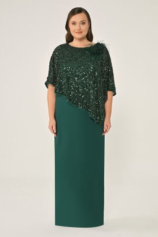 Langes Kleid aus Crêpe mit Paillettenschal SMARAGD - 46