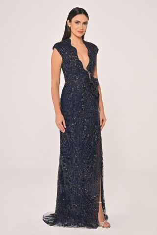 Dekolteli Beli Çiçek Aksesuarlı Payet Uzun Elbise Lacivert - 40