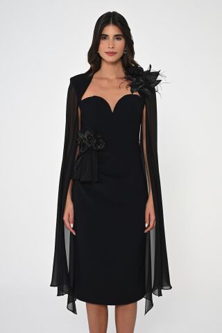 Kalp Göğüs Kolları Şifon Şal Midi Elbise Siyah - 46