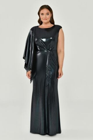 Tek Omuz Şallı Püskül Kuşaklı Parlak Kumaş Uzun Elbise SİYAH / MAVİ - 42