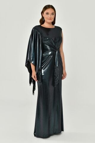 Tek Omuz Şallı Püskül Kuşaklı Parlak Kumaş Uzun Elbise SİYAH / MAVİ - 42