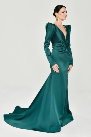 Uzun Kollu Vatkalı Önü Büzgülü Saten Uzun Elbise ZÜMRÜT - 38