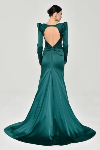 Uzun Kollu Vatkalı Önü Büzgülü Saten Uzun Elbise ZÜMRÜT - 38