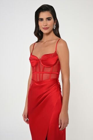 İp Askılı Korse Bel Önden Yırtmaçlı Saten Uzun Elbise