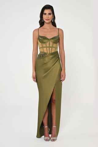 İp Askılı Korse Bel Önden Yırtmaçlı Saten Uzun Elbise