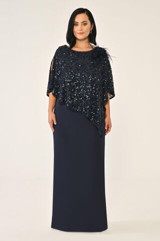 Payet Şallı Krep Uzun Elbise Lacivert - 42