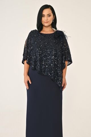 Payet Şallı Krep Uzun Elbise Lacivert - 42