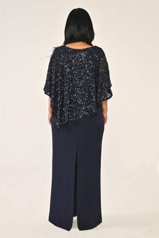 Payet Şallı Krep Uzun Elbise Lacivert - 42