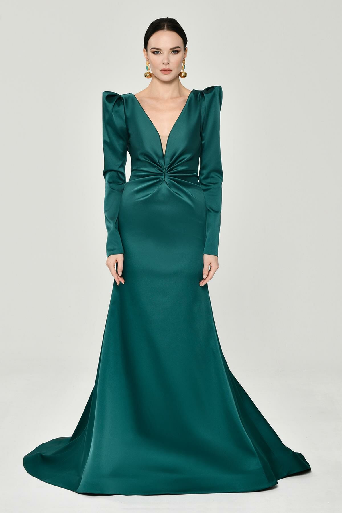 Uzun Kollu Vatkalı Önü Büzgülü Saten Uzun Elbise ZÜMRÜT - 40