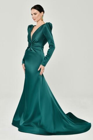 Uzun Kollu Vatkalı Önü Büzgülü Saten Uzun Elbise ZÜMRÜT - 40