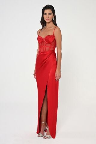 İp Askılı Korse Bel Önden Yırtmaçlı Saten Uzun Elbise Kırmızı - 36