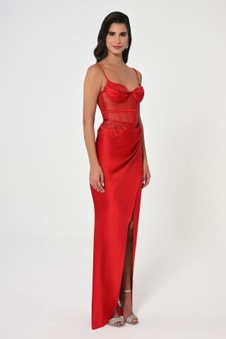 İp Askılı Korse Bel Önden Yırtmaçlı Saten Uzun Elbise Kırmızı - 36
