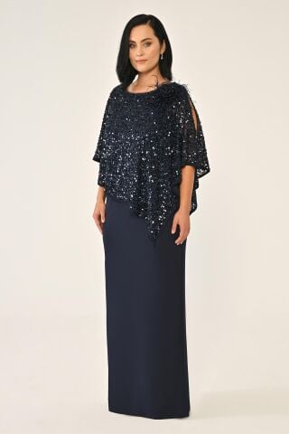 Payet Şallı Krep Uzun Elbise Lacivert - 44