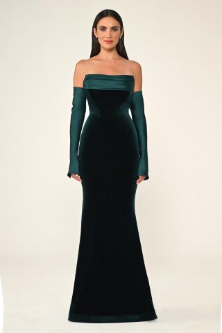 Straplez Kollu Balık Kesim Kadife Uzun Elbise ZÜMRÜT - 40