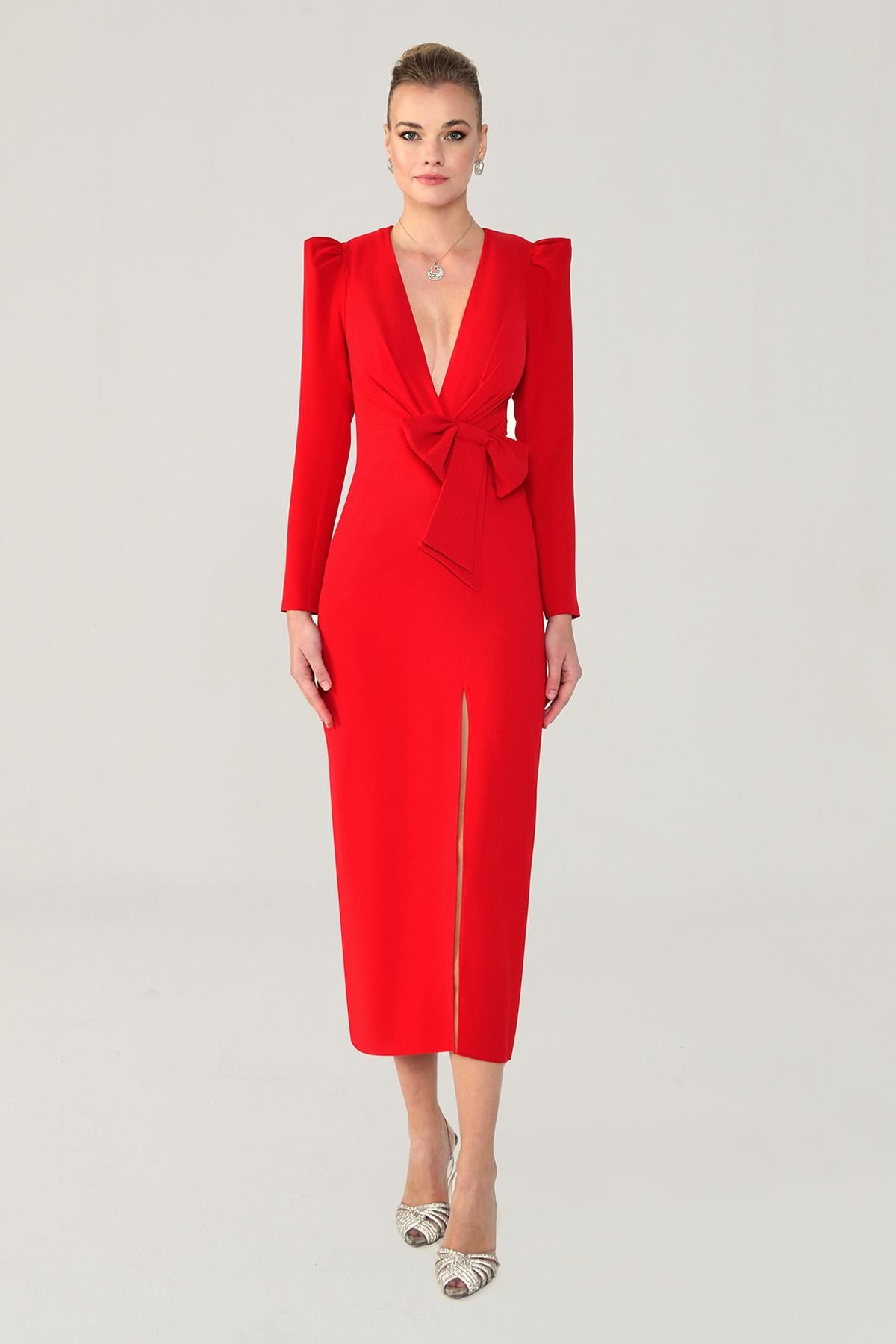 V-Ausschnitt Langarm Schlitz Langes Kleid Rot - 48