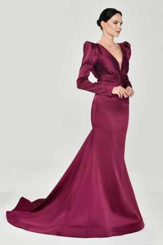 Uzun Kollu Vatkalı Önü Büzgülü Saten Uzun Elbise VİŞNE - 36