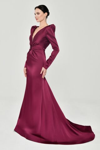 Uzun Kollu Vatkalı Önü Büzgülü Saten Uzun Elbise VİŞNE - 36