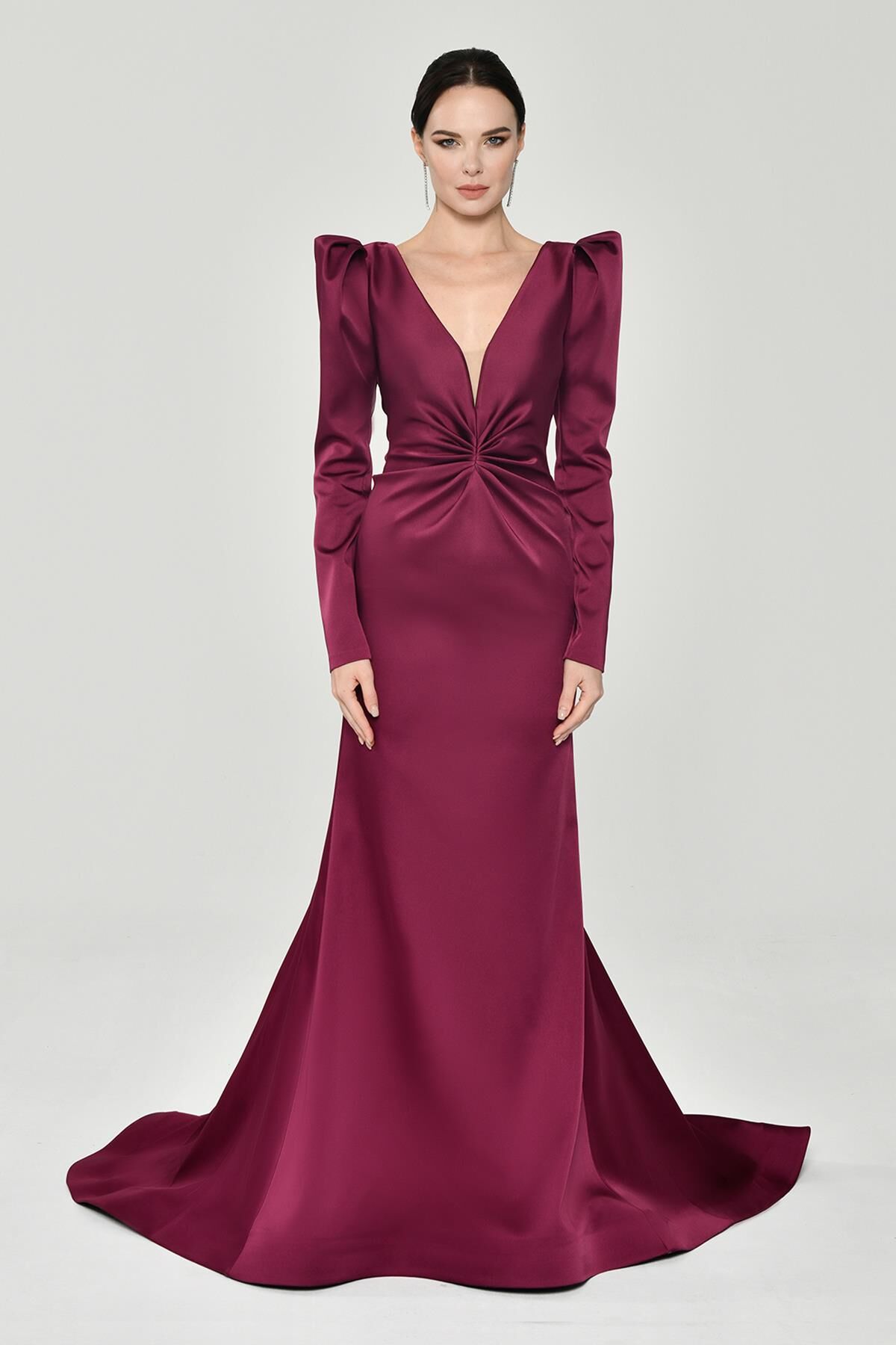 Uzun Kollu Vatkalı Önü Büzgülü Saten Uzun Elbise VİŞNE - 36