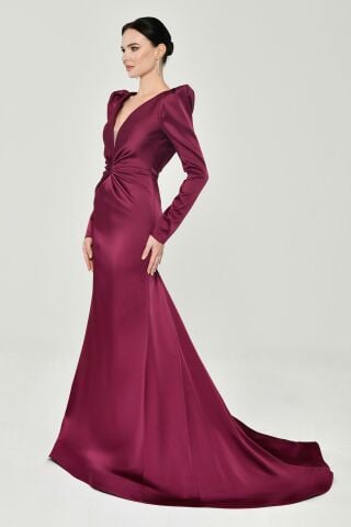 Uzun Kollu Vatkalı Önü Büzgülü Saten Uzun Elbise VİŞNE - 40