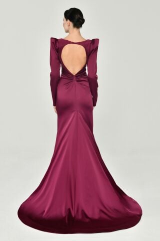 Uzun Kollu Vatkalı Önü Büzgülü Saten Uzun Elbise VİŞNE - 40