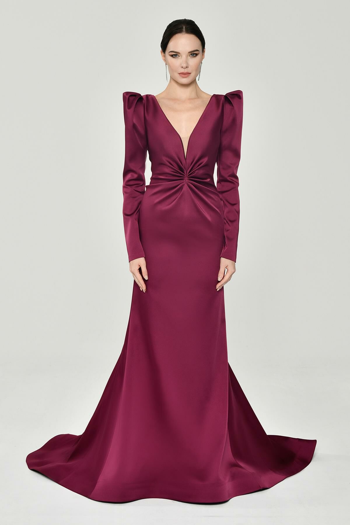 Uzun Kollu Vatkalı Önü Büzgülü Saten Uzun Elbise VİŞNE - 40