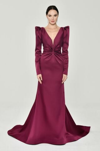 Uzun Kollu Vatkalı Önü Büzgülü Saten Uzun Elbise VİŞNE - 40