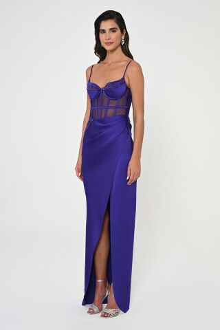 İp Askılı Korse Bel Önden Yırtmaçlı Saten Uzun Elbise Mor - 36