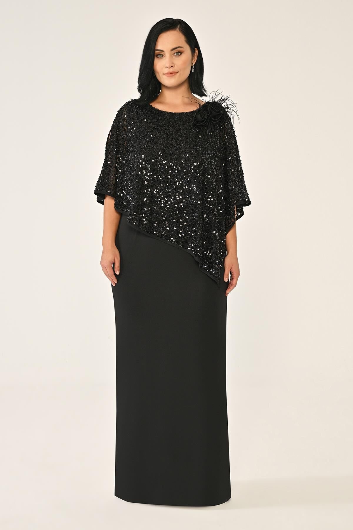 Payet Şallı Krep Uzun Elbise Siyah - 42