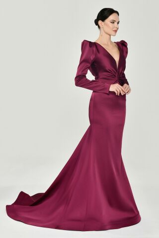 Uzun Kollu Vatkalı Önü Büzgülü Saten Uzun Elbise VİŞNE - 42