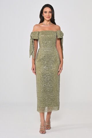 Düşük Fiyonklu Omuz Boncuklu Kumaş Midi Elbise