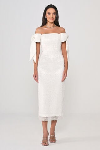 Düşük Fiyonklu Omuz Boncuklu Kumaş Midi Elbise