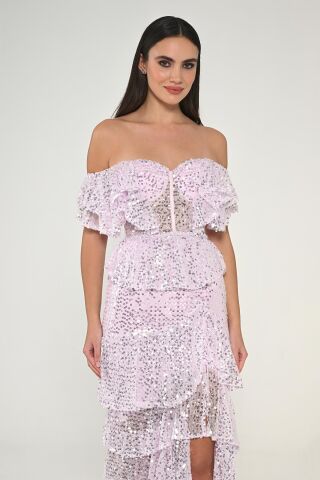 Düşük Omuz Kalp Göğüs Fırfırlı Payet Uzun Elbise Pembe - 36