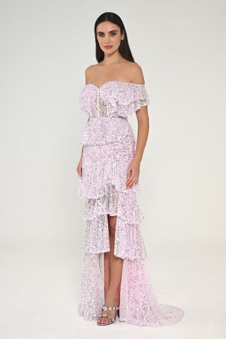 Düşük Omuz Kalp Göğüs Fırfırlı Payet Uzun Elbise Pembe - 36