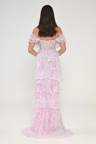 Düşük Omuz Kalp Göğüs Fırfırlı Payet Uzun Elbise Pembe - 36