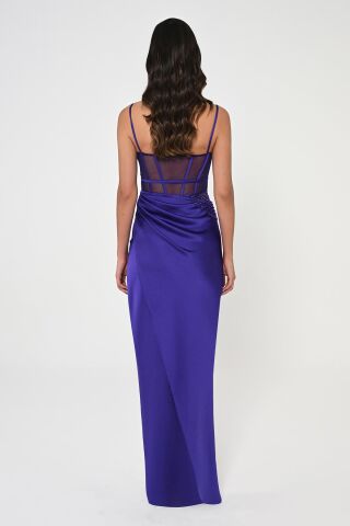 İp Askılı Korse Bel Önden Yırtmaçlı Saten Uzun Elbise Mor - 40