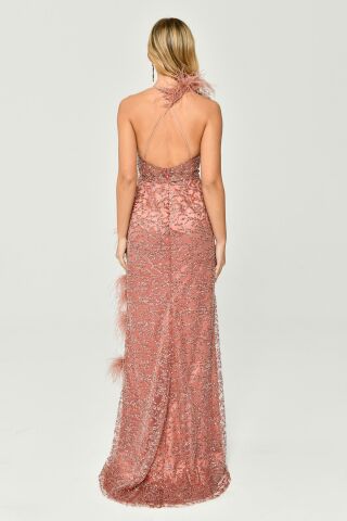 İp Askılı Sırt İp Askılı V Yaka Otriş Akesuarlı Pullu Kumaş Uzun Elbise BAKIR - 38