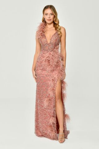 İp Askılı Sırt İp Askılı V Yaka Otriş Akesuarlı Pullu Kumaş Uzun Elbise BAKIR - 38