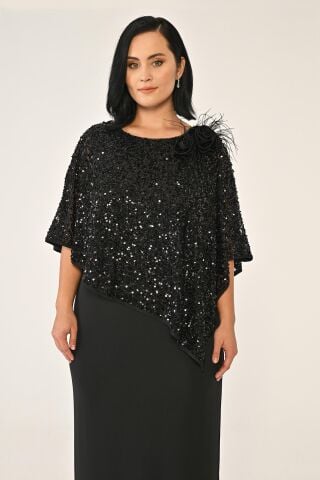 Payet Şallı Krep Uzun Elbise Siyah - 46