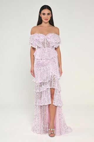 Düşük Omuz Kalp Göğüs Fırfırlı Payet Uzun Elbise Pembe - 38