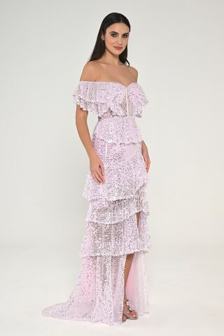 Düşük Omuz Kalp Göğüs Fırfırlı Payet Uzun Elbise Pembe - 38
