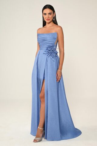 Straplez Bel Çiçek Aksesuarlı Organze Uzun Elbise İNDİGO - 38