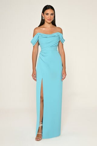 Düşük Omuz Yandan Yırtmaçlı Uzun Elbise