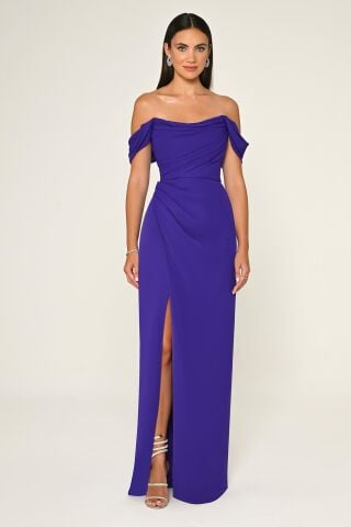 Düşük Omuz Yandan Yırtmaçlı Uzun Elbise