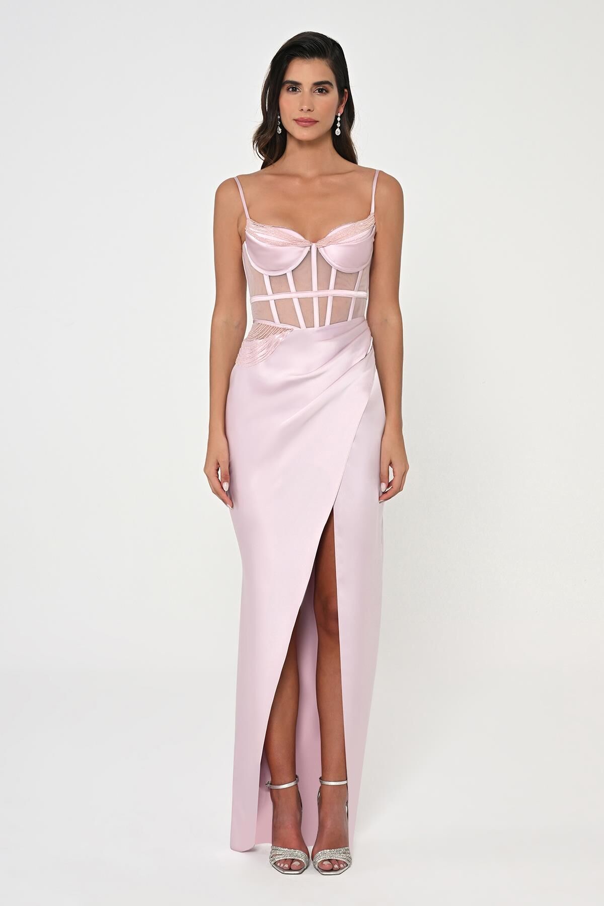 İp Askılı Korse Bel Önden Yırtmaçlı Saten Uzun Elbise Pudra - 36