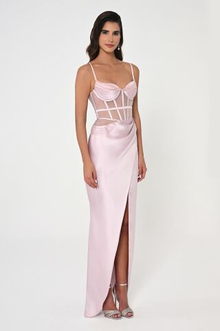İp Askılı Korse Bel Önden Yırtmaçlı Saten Uzun Elbise Pudra - 36