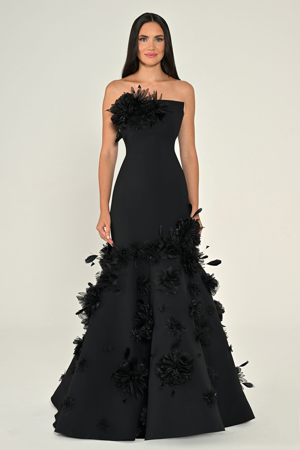 Straplez 3 Boyut Çiçekli Balık Kesim Uzun Elbise