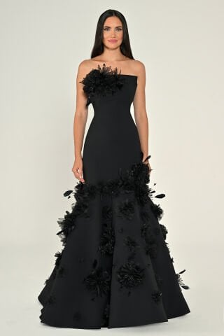 Straplez 3 Boyut Çiçekli Balık Kesim Uzun Elbise