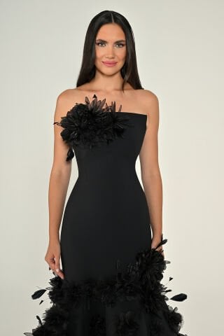 Straplez 3 Boyut Çiçekli Balık Kesim Uzun Elbise